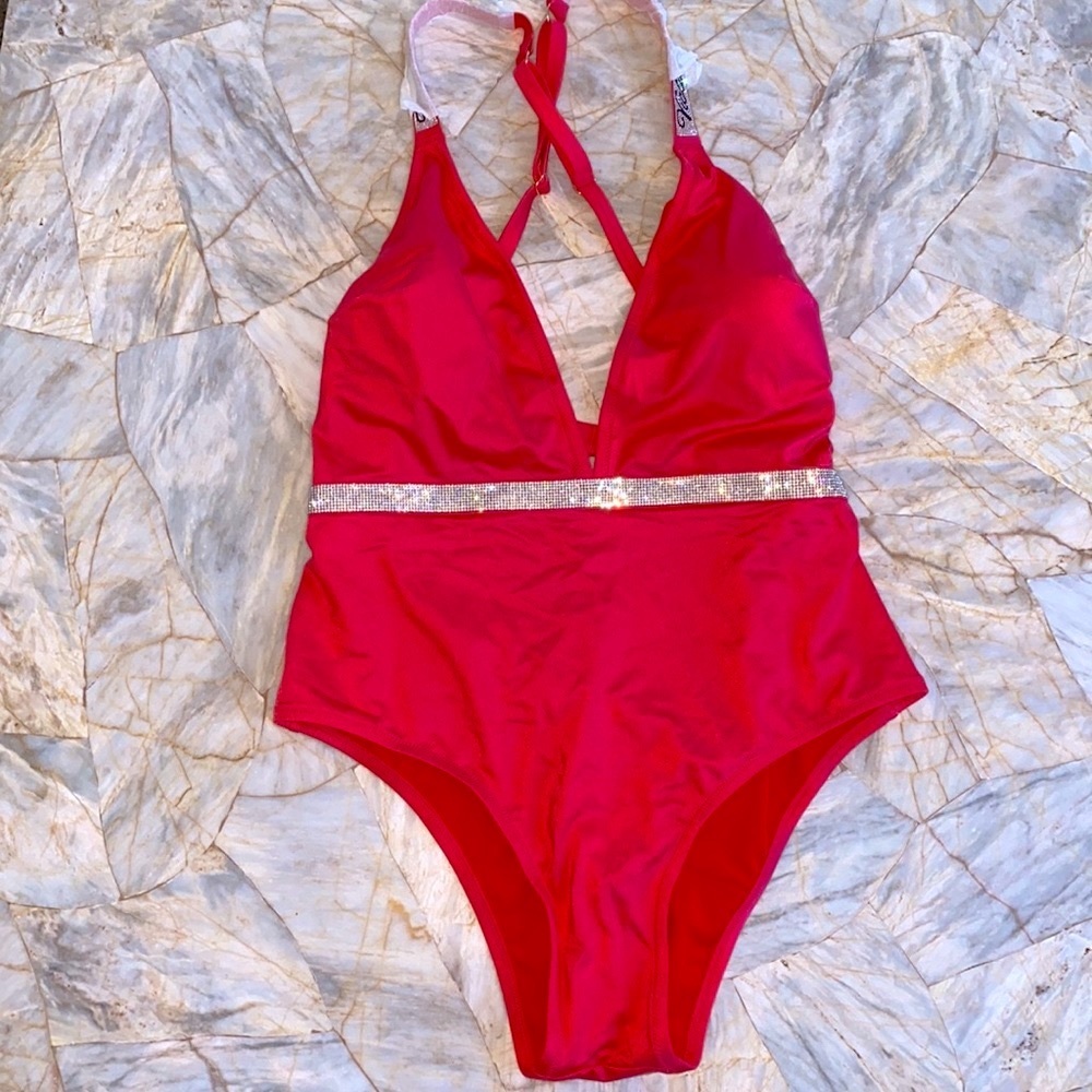 New VS BLING ONE PIECE SWIMSUIT Shine Strap Logo Rare Gorgeous Pink Red XXL